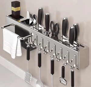 थोक बहु-कार्यात्मक स्टेनलेस स्टील दीवार-घुड़सवार चाकू चॉस्टिक धारक नो-ड्रिल रसोई बर्तन भंडारण रैक - Product Image 5