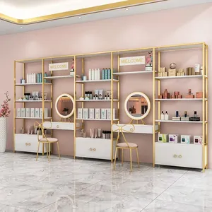 China Hot Sales Cosmetic Shelf Wood Fashion Cosmetic Showcase Makeup Display Stand With Light Box For Retail Store