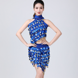 Femmes 3 Pcs Set Fringe Round Disc Sequins Costume Latin Dance Outfits Sleeveless Lace-up Tank Top Mini Skirt with Shiny Choker - Product Image 2