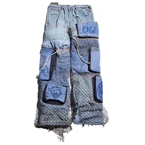 Roupas Diznew jeans americanas de lavagem pesada com vários bolsos personalizados, jaquetas jeans e jeans masculinas, carregadeira em grande escala azul