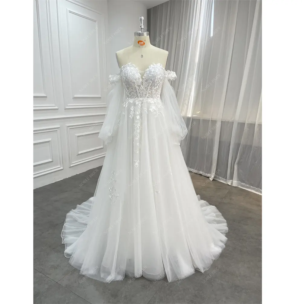 Women Detachable Long Sleeves Sweetheart Lace Appliques Elegant Custom Wedding Dresses