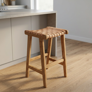 Minimalist Brown Woven Teak <b>Bar</b> <b>Stool</b> Leather Chairs Wood Furniture for Villa Application - Product Image 3