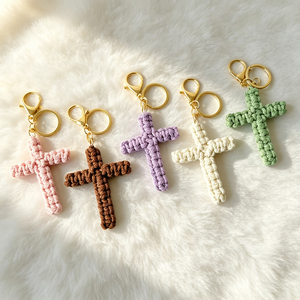 Cotton Hand Crochet Cross <b>Key</b> <b>Ring</b> Woven Cross Pendant Keychain Lobster Clasp Backpack Charm For Christian Gift - Product Image 1