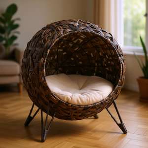 Cama redonda elevada para gatos de mimbre tejido, color marrón, con cojín, para interiores. - Product Image 2