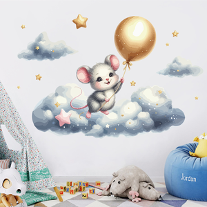 Autocollant mural petite <span class=keywords><strong>souris</strong></span> avec étoiles et nuages, autocollants muraux pour chambre d'enfant, salon, vinyle auto-adhésif amovible - Product Image 1