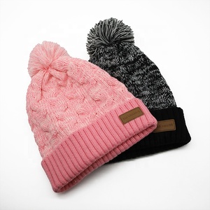 Cable Knit Pompom Beanie <strong>Fleece</strong> <strong>Lined</strong> Soft Acrylic Knitted <strong>Hat</strong> Warm Winter Cap for Outdoor Skiing Custom Leather Patch Thick Cap - Product Image 1