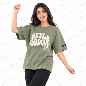 Übergroßes, stylisches, olivgrünes Damen-T-Shirt aus Baumwolle mit Rundhalsausschnitt, lockerer Passform, lässigem Buchstaben-Print und kurzen Ärmeln - Product Image 2