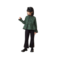 Veste à carreaux verte pour petite fille automne hiver avec manchette à volants tenue à double boutonnage personnalisée