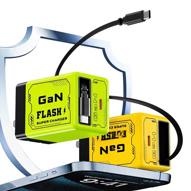 120W GaN Charger PD Fast-Charging USB-C Adapter with Built-In Retractable Cable Compatible with Multi-Device