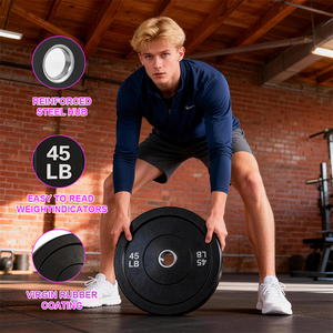 แผ่นน้ำหนักยางสำหรับบาร์เบลล์โอลิมปิก อุปกรณ์ฟิตเนส ยกน้ำหนัก น้ำหนัก 10-45 ปอนด์ รับผลิตตามสั่งพร้อมโลโก้ ขายส่งจากโรงงาน - Product Image 4