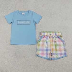 Conjunto de Ropa de Pascua para Bebés Niños, Camisa Azul con Bordado de Conejo de Manga Corta y Pantalones Cortos a Cuadros - Product Image 2
