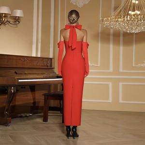 Robe longue élégante rouge à col halter, robe <span class=keywords><strong>de</strong></span> <span class=keywords><strong>soirée</strong></span> <span class=keywords><strong>de</strong></span> luxe pour femmes avec fleurs 3D, dos nu, nœud, robe <span class=keywords><strong>de</strong></span> <span class=keywords><strong>soirée</strong></span> formelle avec longues manches - Product Image 2