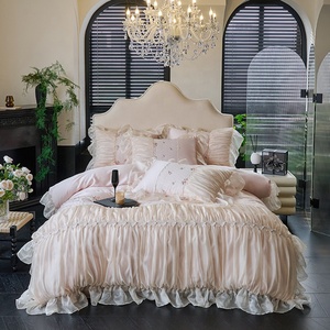 Ensemble <span class=keywords><strong>de</strong></span> literie vintage style princesse française en dentelle à volants, jupe <span class=keywords><strong>de</strong></span> lit en <span class=keywords><strong>coton</strong></span> longues fibres, douce et crémeuse, avec nœud, pour mariage et maison - Product Image 1