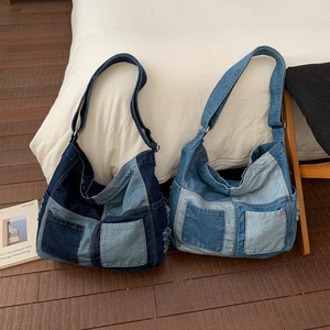 ウォッシュドカラーブロックデニムショルダーバッグ 大容量 スラウチバッグ ショッピングや旅行に - Product Image 4