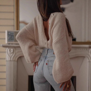 Nouveau pull-over en maille respirante à col en V, style européen et américain, ample, <span class=keywords><strong>vintage</strong></span> français, pour <span class=keywords><strong>femme</strong></span>, automne, <span class=keywords><strong>cardigan</strong></span> simple - Product Image 2