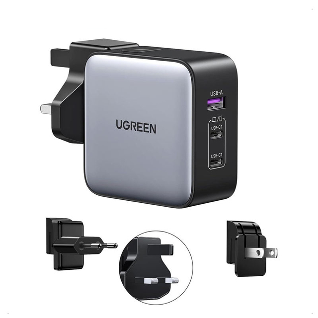 UGREEN GaN 65W Travel Adapter US EU UK Travel Phone Charger All in One Travel Charger with 1 USB Ports and 2 Type C Wall Charger