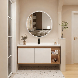Modern vanity bathroom cabinet storage <b>mirror</b> cabinet integrated rock sink <b>wall</b> mounted washbasin cabinet - Product Image 2