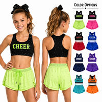 Ensemble soutien-gorge et short de cheerleading personnalisé vert néon noir avec strass étoilés, haut dos nageur et short à volants, uniforme d'entraînement d'équipe