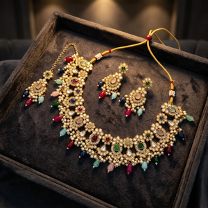 Indian Traditional Antique Gold Plated Kundan Choker <b>Necklace</b> Set Maroon <b>Ruby</b> Red Gemstone Bead Bridal Jewelry Set with Earrings - Product Image 2