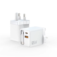 Chargeur mural magnétique électrique GaN 65W avec prise UK, charge rapide, double port USB Type-C, câble rétractable, pour ordinateur portable, compatible PD QC
