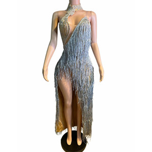 Vestido de Baile Latino con Flecos Plateados para Mujer, Vestido de Competición de Salsa con Pedrería, Traje Profesional para <span class=keywords><strong>Tango</strong></span>, <span class=keywords><strong>Cha</strong></span> <span class=keywords><strong>Cha</strong></span>, Fiesta de Baile - Product Image 2