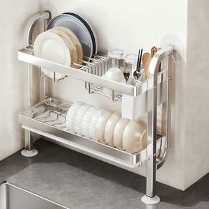 Égouttoir à vaisselle multifonction mural en acier à 2 niveaux, grand séchoir à vaisselle de cuisine sur évier - Product Image 1