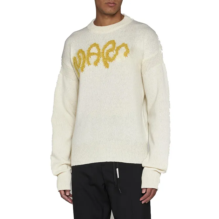 Sweater wol Logo pemasok terbaik Pullover kualitas tinggi desain klasik Sweater pria rajut kustom dengan huruf