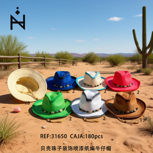 Cappello da Cowboy in Carta Intrecciata Decorato con Perline e Verniciatura Spray, Stile Sombrero - Product Image 3