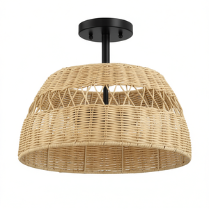 Plafonnier semi-encastré en rotin, finition métal noir, style farmhouse, grande taille, éclairage LED intérieur - Product Image 1