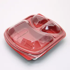 Màu đỏ 3 ngăn vỉ PP nhựa cấp thực phẩm Hộp Ăn Trưa với Pet nắp cho takeout container