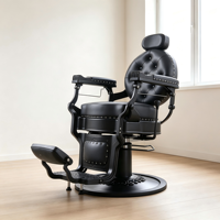 Chaise de coiffure noire gothique, cuir capitonné rond, accoudoirs en métal mat et base circulaire sur pied.