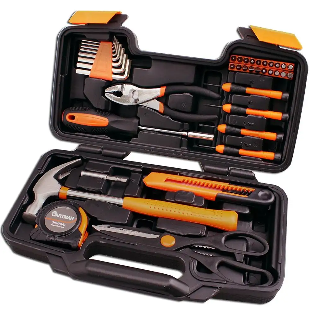 Caja de herramientas de plástico para uso doméstico, Kit de herramientas de mano para uso doméstico, embalaje, 39 Uds.