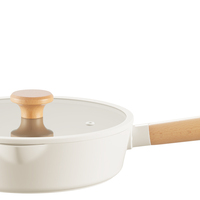 Poêle à frire profonde en aluminium antiadhésive de qualité alimentaire avec poignée en bois et couvercle en verre, pour gaz et induction