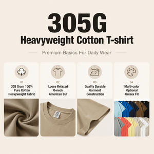 T-shirt décontracté à manches régulières en tricot lourd 305G personnalisé, 100% coton, coupe régulière, col rond, unisexe, basique, vente en gros - Product Image 2