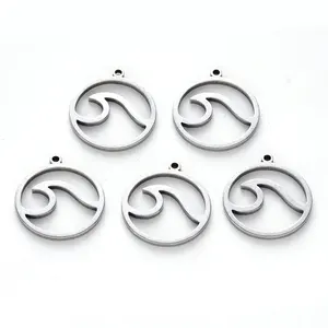 PandaHall 304 Stainless Steel Laser Cut Round Ring With Wave Pendants