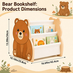 ชั้นวางหนังสือไม้รูปหมี 3 ชั้น พร้อมช่องผ้าสำหรับจัดเก็บหนังสือเด็ก - Product Image 3