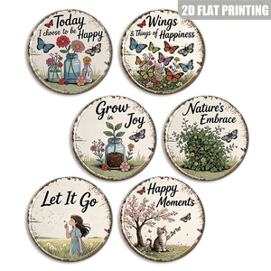 Panneau métallique rond vintage avec motif floral et papillon, citation positive et joyeuse, décoration murale pour chambre de ferme - Product Image 1