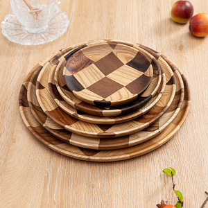 Wooden Checkerboard <b>Tray</b> Acacia Wood Round Serving Plate For <b>Tea</b> Coffee Hotel Use - Product Image 2