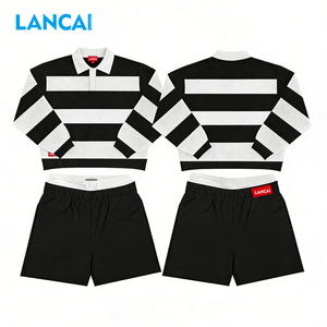 Ensemble de shorts vintage délavés sur mesure Lancai pour hommes, chemise de rugby à manches longues à rayures cousues, style polo de rugby pour hommes, survêtement - Product Image 3