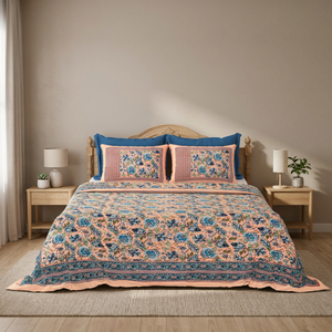 Parure de lit florale sérigraphiée de qualité supérieure en coton blanc, style indien, avec taies d'oreiller, tailles Queen et King, faite à la main, style bohème - Product Image 2
