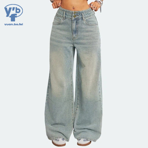 YUANBOFEI <span class=keywords><strong>Jeans</strong></span> Blu Larghi da <span class=keywords><strong>Donna</strong></span> a Vita Bassa, Gamba Larga, in Denim Lavato Vintage, Vestibilità Ampia, Stile Streetwear - Product Image 1