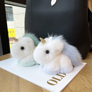 Mignon Rex lapin fourrure <span class=keywords><strong>licorne</strong></span> pendentif lumière porte-clés doux en peluche poupée et petit cheval blanc sac pendentif pour les enfants - Product Image 6