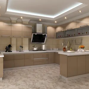 Pintu Kabinet Dapur Pernis Mengkilap Tinggi dengan Kombinasi Warna Kabinet Dapur Modular dan Pulau