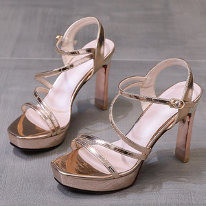 Sandalias de tacón grueso con hebilla de una tira para mujer, novedad de verano 2022, con diamantes de imitación, tacones súper altos de 10 cm - Product Image 5