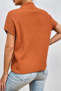 <span class=keywords><strong>Pull</strong></span> fileté simple et polyvalent à <span class=keywords><strong>manches</strong></span> <span class=keywords><strong>courtes</strong></span> et à <span class=keywords><strong>col</strong></span> haut de couleur unie pour femmes - Product Image 6