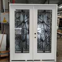 Porte d'entrée double en fibre de verre brossée blanche avec insert en fer forgé et vitrage, unité de porte extérieure avant