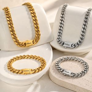 8mm Stainless Steel Cuban Link Chain <b>Necklace</b> Bracelet <b>Custom</b> Engraved <b>Name</b> Clasp Titanium Steel Hip Hop Jewelry For Men Women - Product Image 4