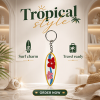 Gantungan Kunci PVC Papan Selancar Kustom Grosir Bunga Hibiscus Tropis Suvenir Pantai Hawaii Cincin Kunci Karet Lembut Hadiah Musim Panas Grosir OEM