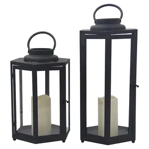 Large Hexagon LED Black Floor Glass Metal Lantern With Flameless Candle