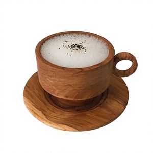 Wooden <b>Tea</b> Cup With Saucer Minimalist Design Handle Natural Finish Round Shape Rustic Drinkware Set - Product Image 1